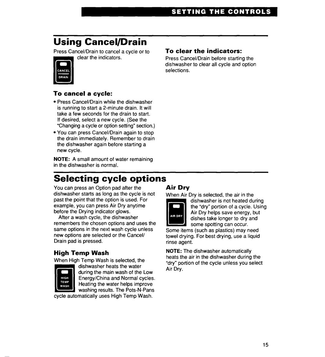 Whirlpool 935 Series, 927 Series, 930 Series warranty Using Cancel/Drain, Selecting cycle options 