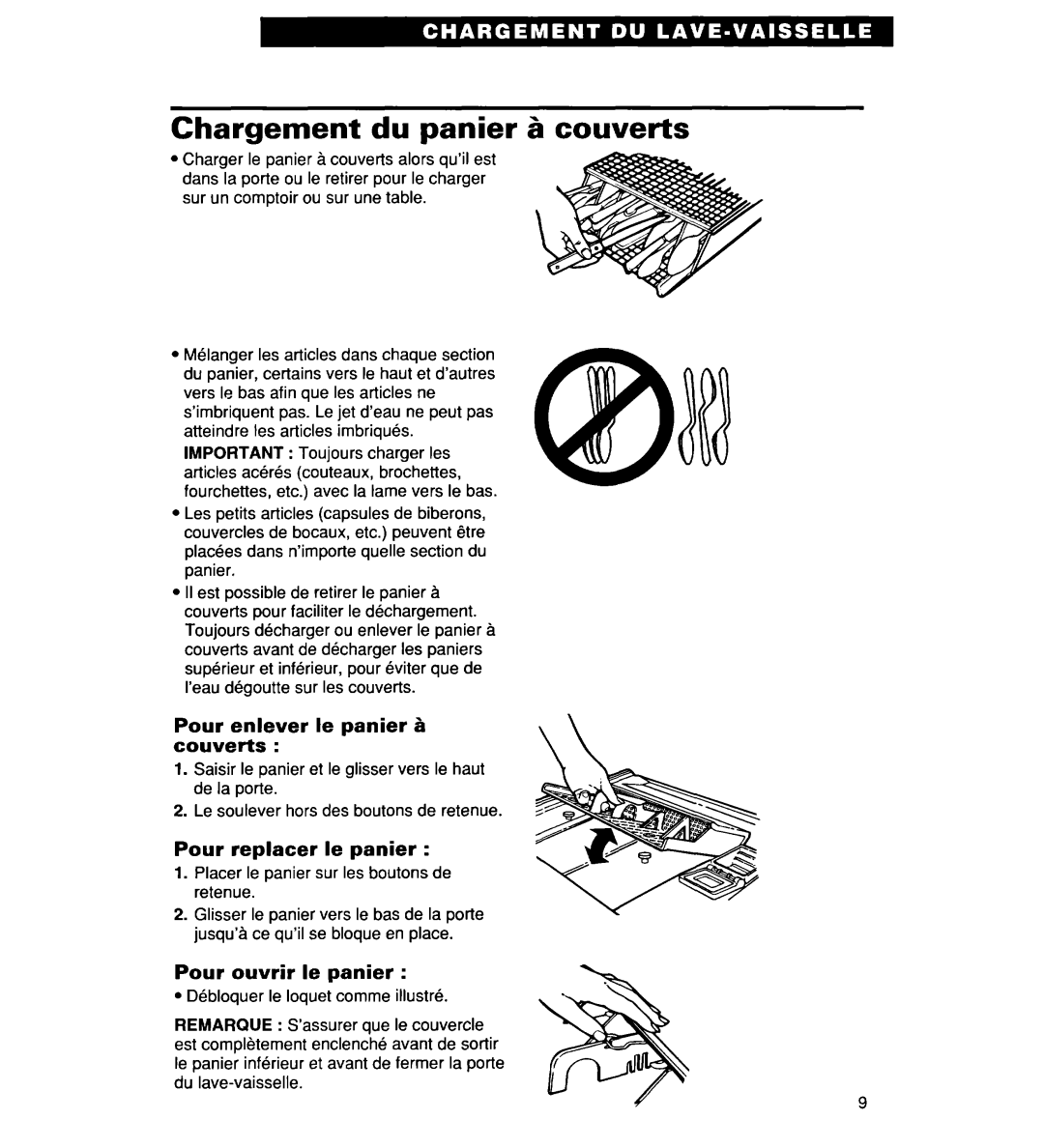 Whirlpool 935 Series warranty Chargement du panier Zacouverts, Pour enlever le panier a Couverts, Pour replacer le panier 