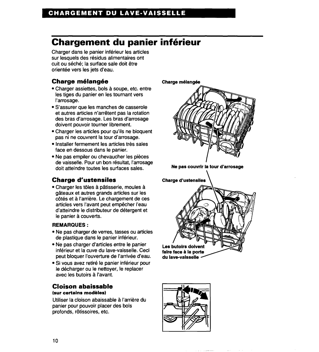 Whirlpool 927 Series, 935 Series Chargement du panier, Inferieur, Charge m6lang6e, Charge d’ustensiles, Cloison abaissable 