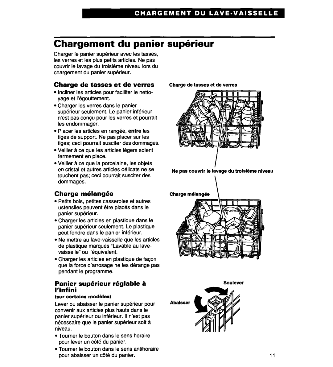 Whirlpool 930 Series, 935 Series, 927 Series Supbieur, Charge de tasses et de verres, Panier supgrieur r6glable 6 I’infini 