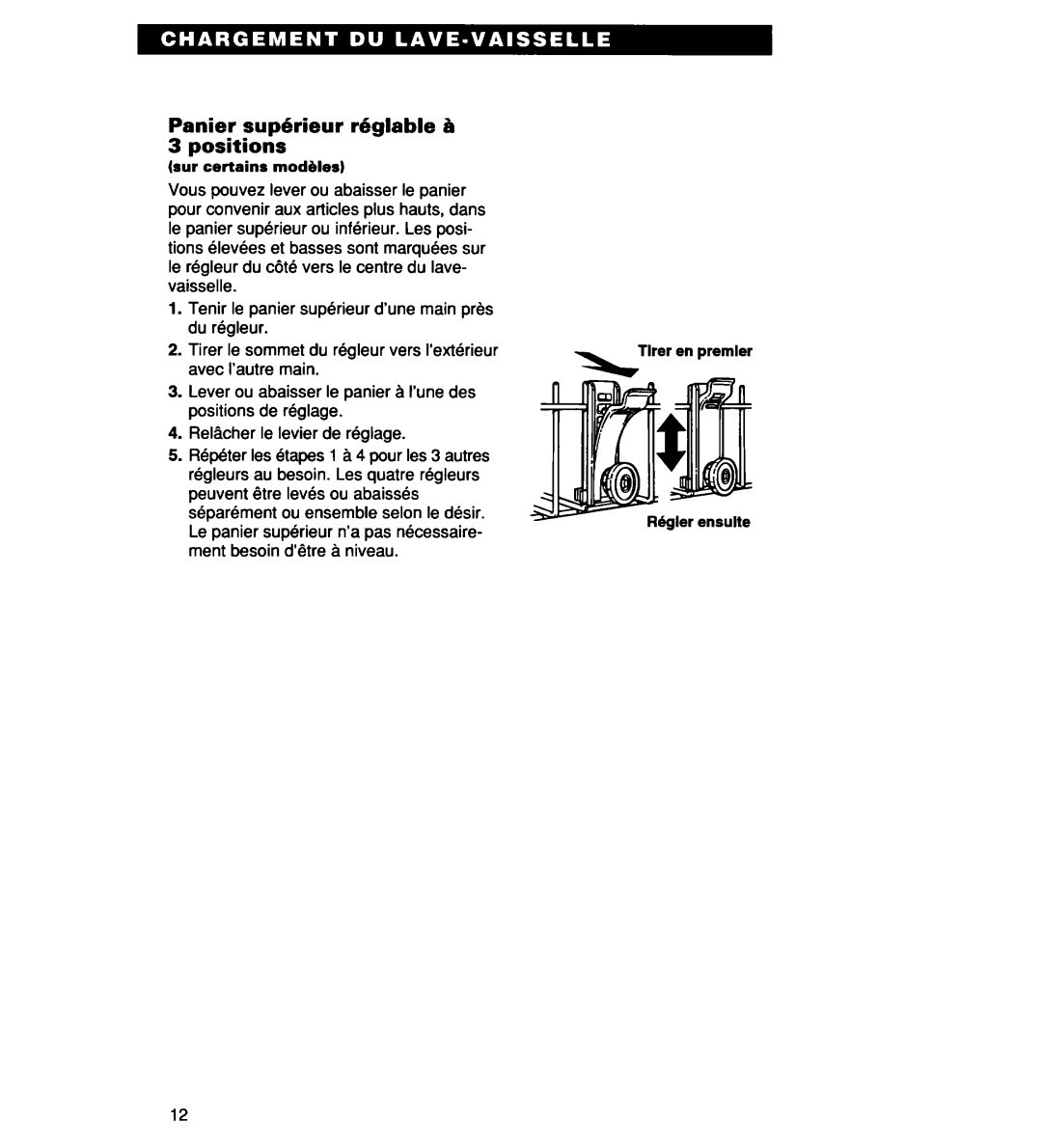 Whirlpool 935 Series, 927 Series, 930 Series warranty Panier suphrieur rhglable h 3 positions 