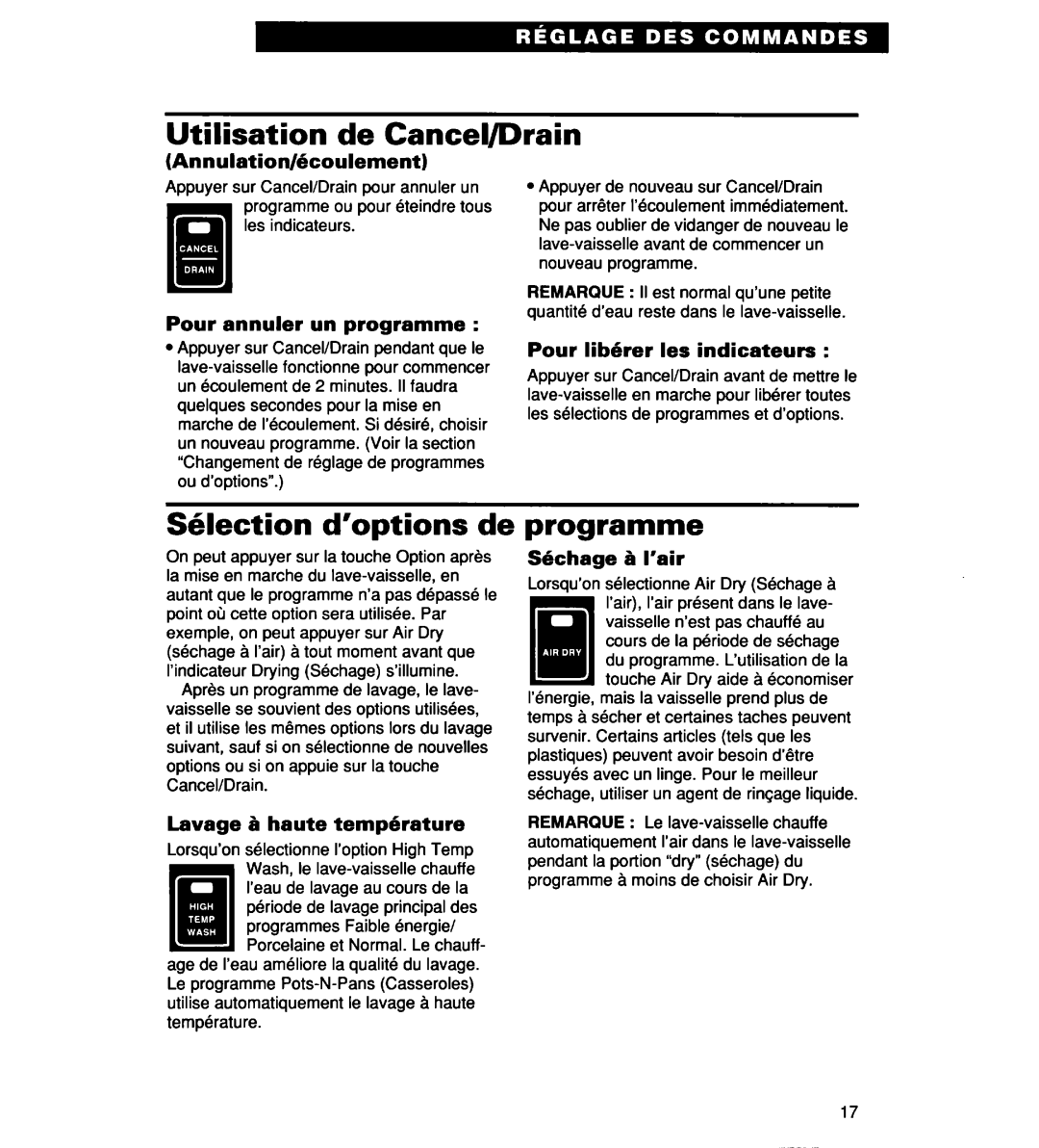 Whirlpool 930 Series, 935 Series, 927 Series warranty Utilisation de Cancel/Drain, Shlection d’options de programme 