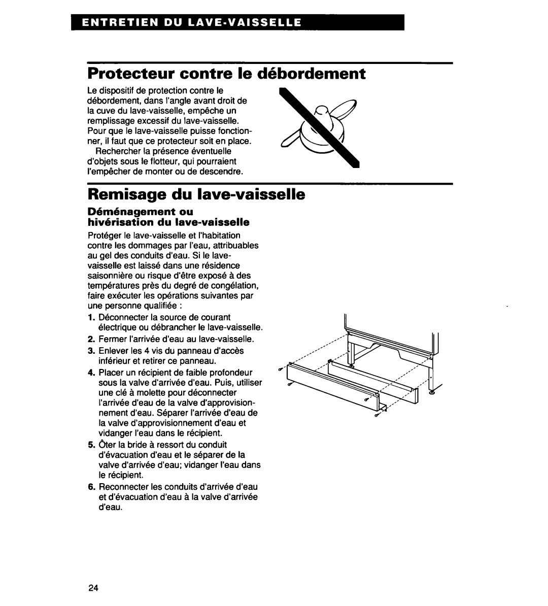 Whirlpool 935 Series, 927 Series, 930 Series warranty Protecteur contre le dhbordement, Remisage du lave-vaisselle 