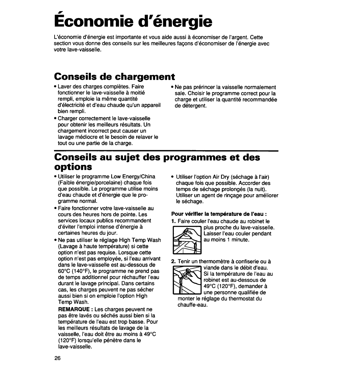 Whirlpool 930 Series, 935 Series Konomie d’hergie, Conseils de chargement, Conseils au sujet des programmes et des options 