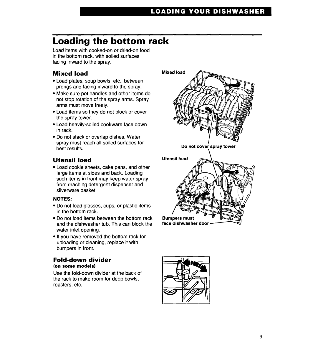 Whirlpool 935 Series, 927 Series, 930 Series warranty Loading the bottom rack, Mixed load, Utensil load, Fold-down divider 