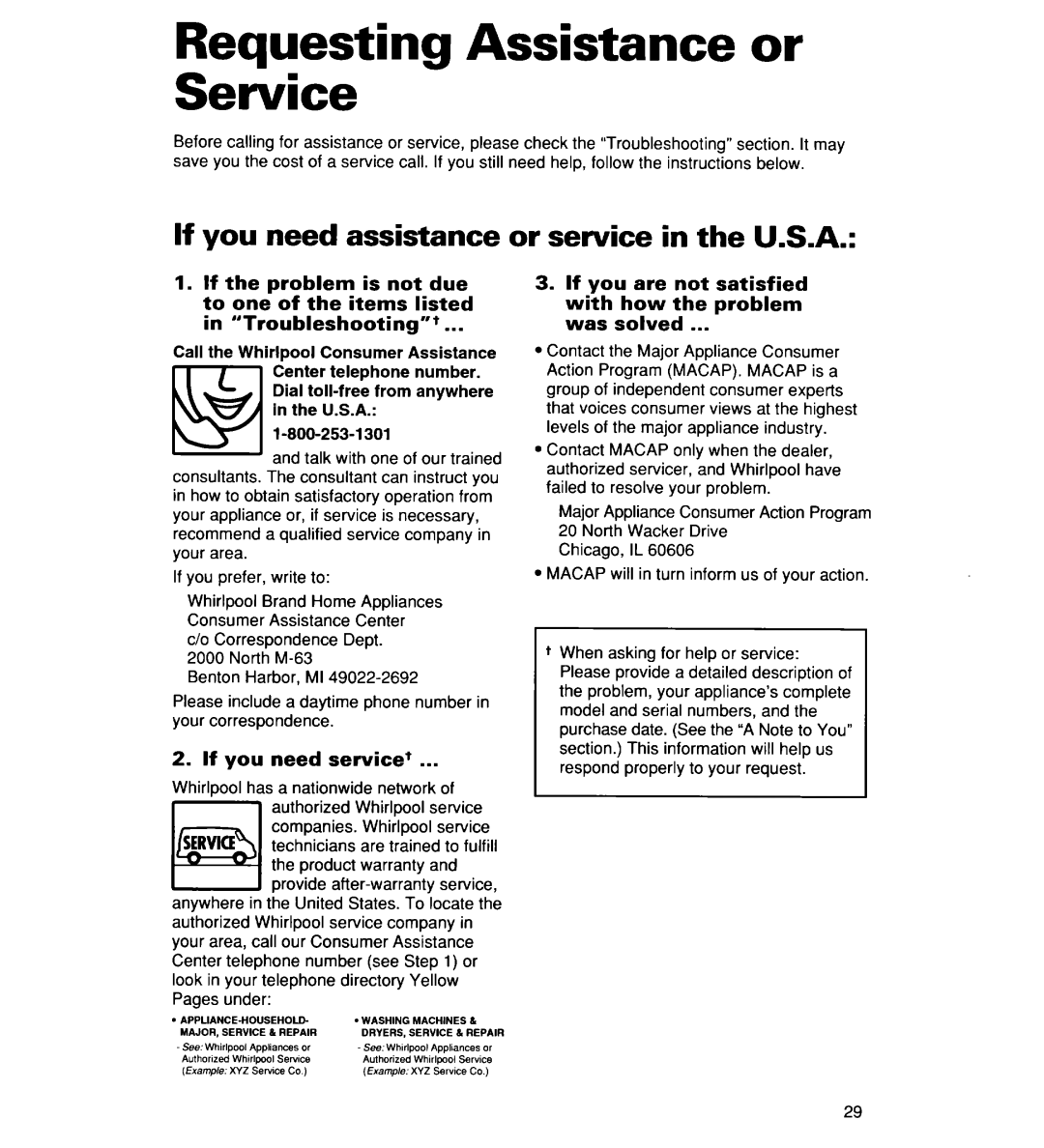 Whirlpool 930 Series, 935 Series warranty Requesting Assistance or Service, If you need assistance or service in the U.S.A 