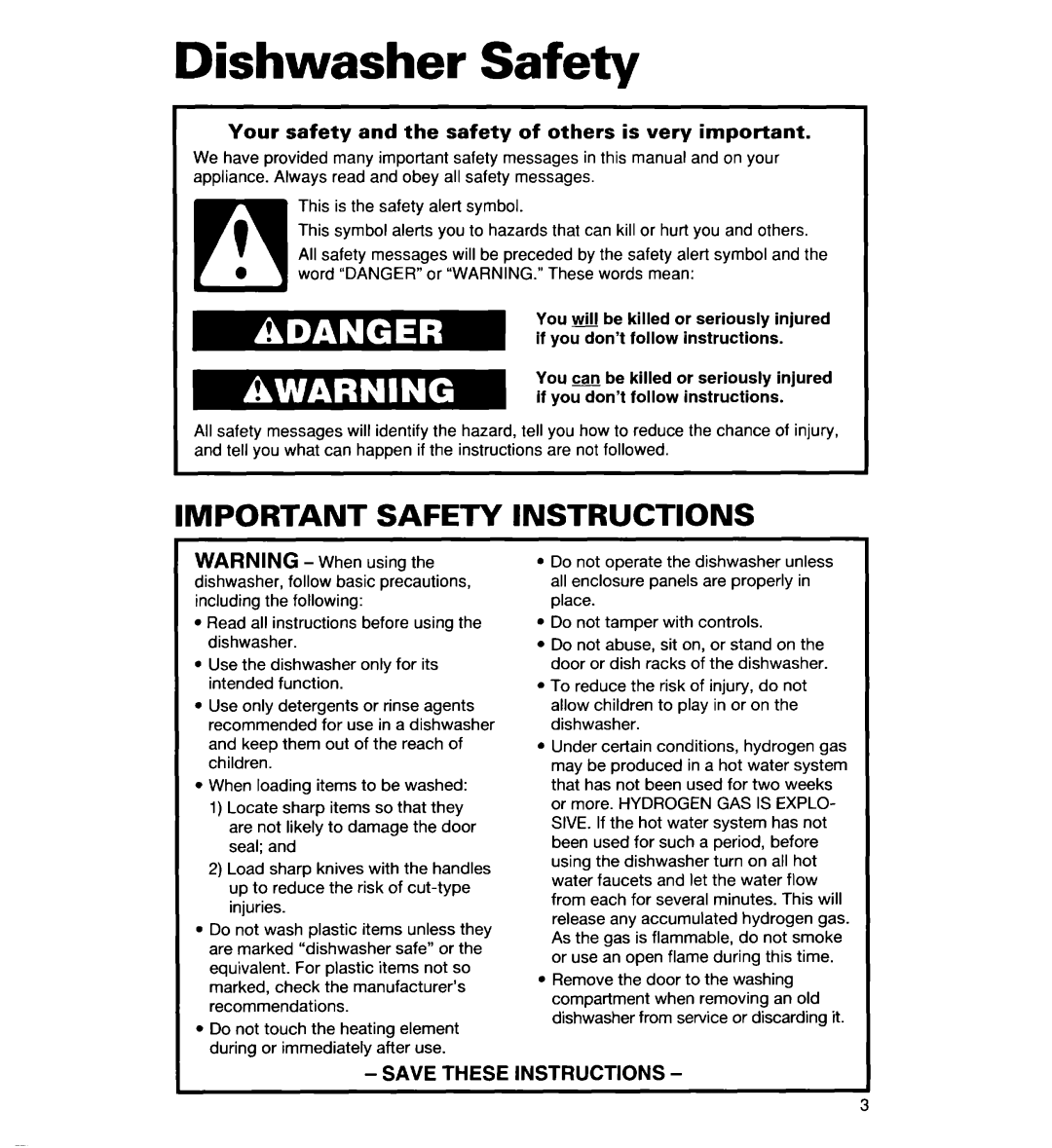 Whirlpool 935 Series, 927 Series, 930 Series Dishwasher Safety, Important Safety Instructions, Save These Instructions 