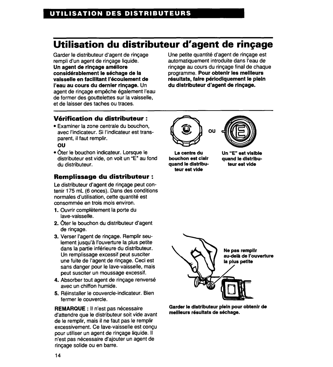 Whirlpool 930 Series, 935 Series, 927 Series Utilisation du distributeur d’agent de rinGage, Wrification du distributeur 
