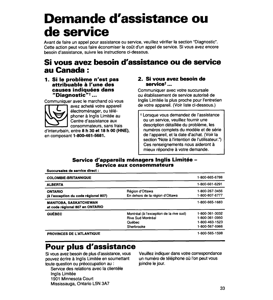 Whirlpool 935 Series Demande d’assistance ou de service, Pour plus d’assistance, causes indiquhes dans “Diagnostic”+ 