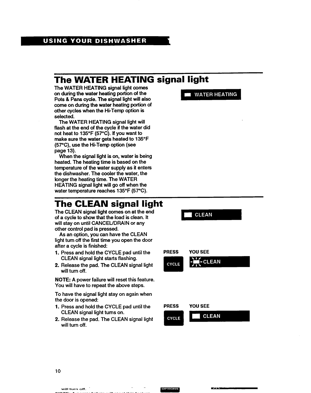 Whirlpool 9400 warranty Water Heating signal light, Clean signal light, Press YOU see Press YOU see a 