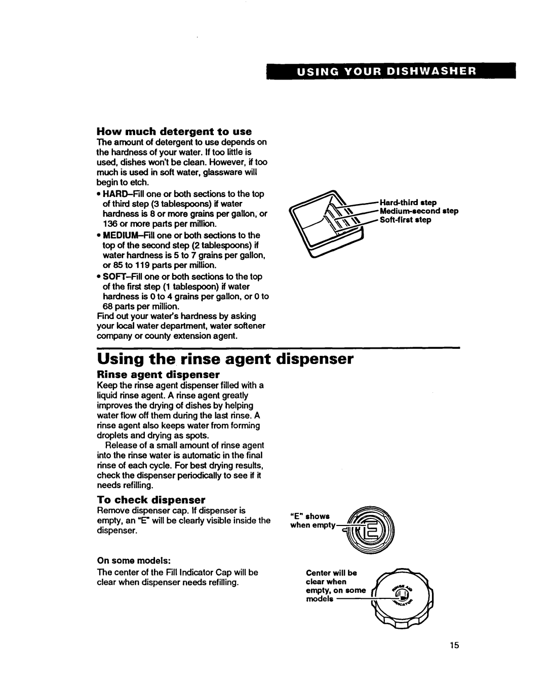 Whirlpool 9400 Using the rinse agent dispenser, How much detergent to use, Rinse agent dispenser, To check dispenser 