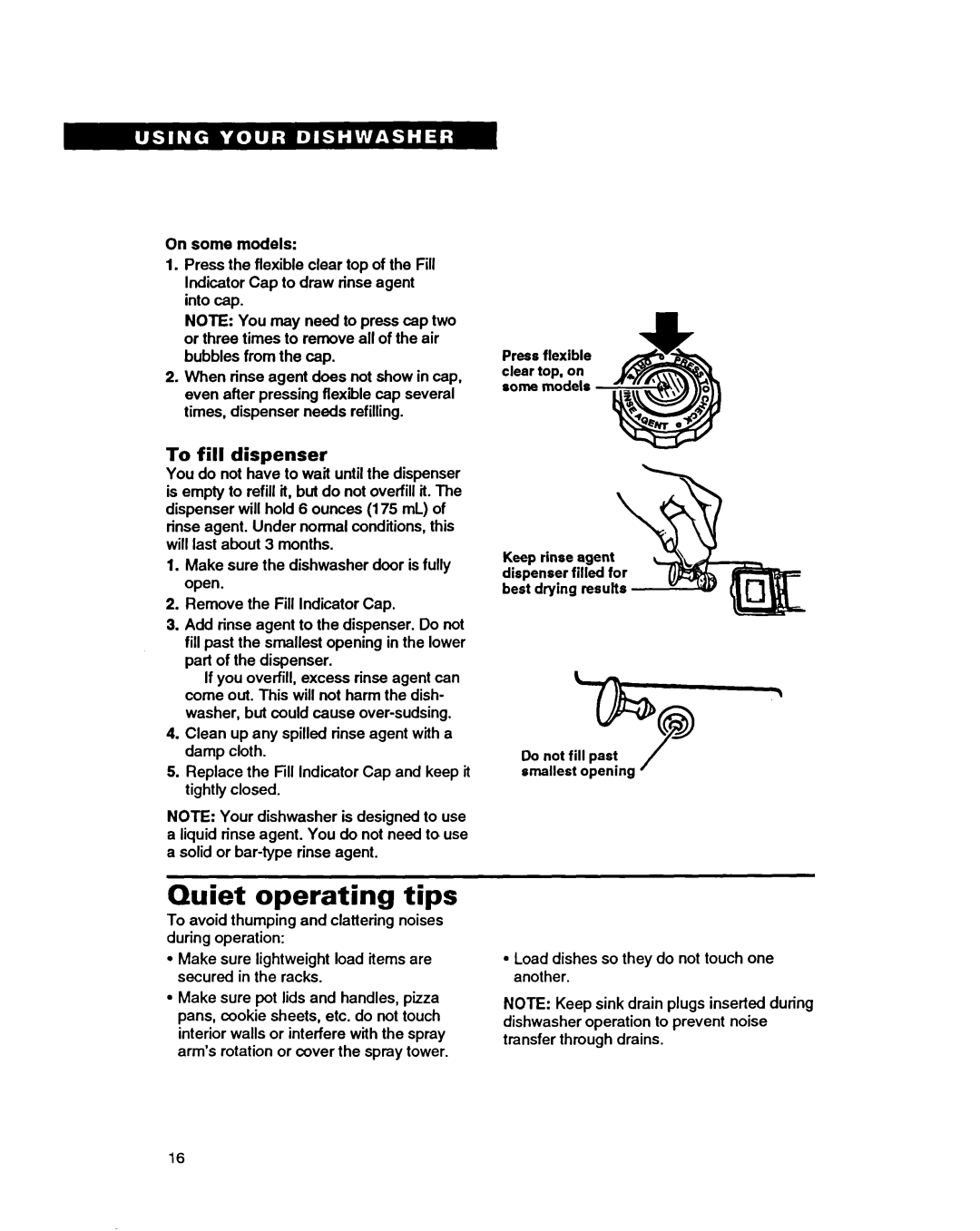 Whirlpool 9400 warranty Quiet operating tips, To fill dispenser, On some models 