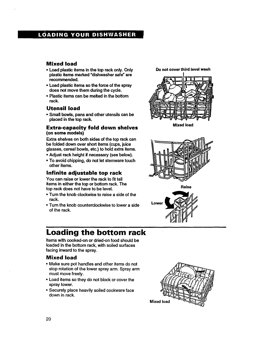 Whirlpool 9400 warranty Loading the bottom rack, Mixed load, Utensil load, Extra-capacity fold down shelves 