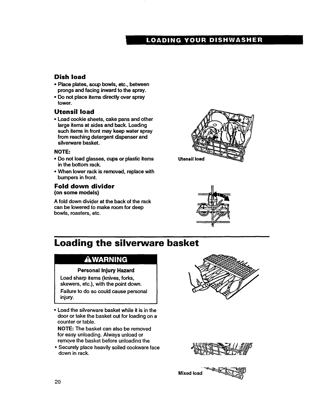 Whirlpool 9400 warranty Loading the silverware basket, Dish load, Fold down divider 