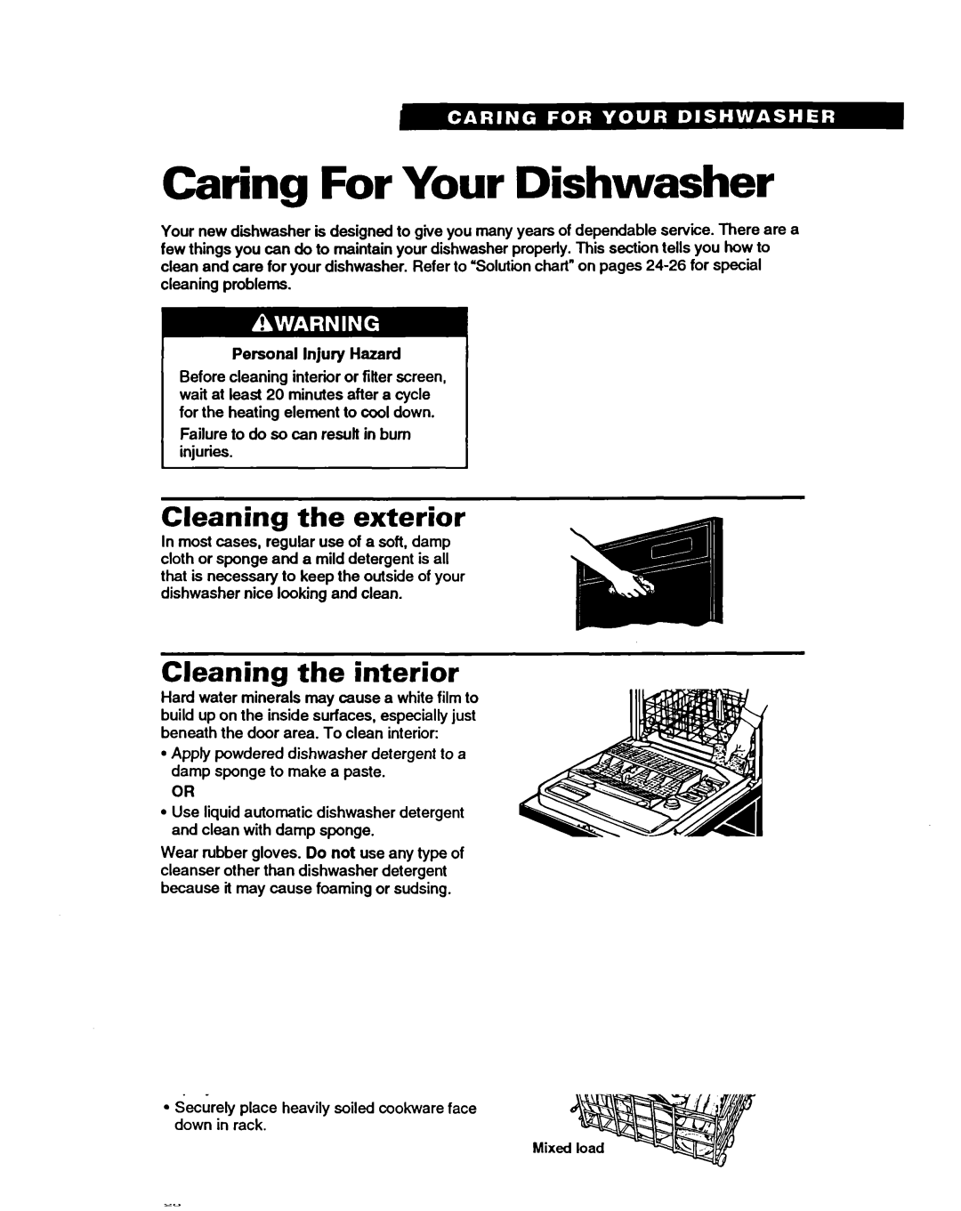 Whirlpool 9400 warranty Caring For Your Dishwasher, Cleaning the exterior, Cleaning the interior, Personal Injury Hazard 