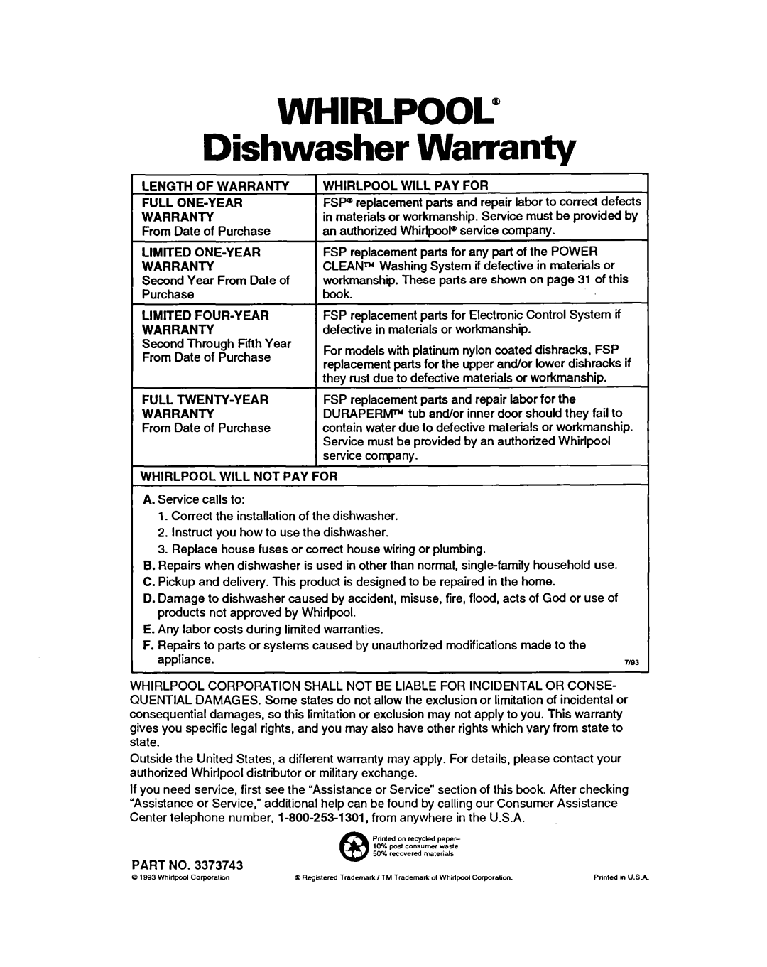 Whirlpool 9400 warranty Dishwasher Warranty 