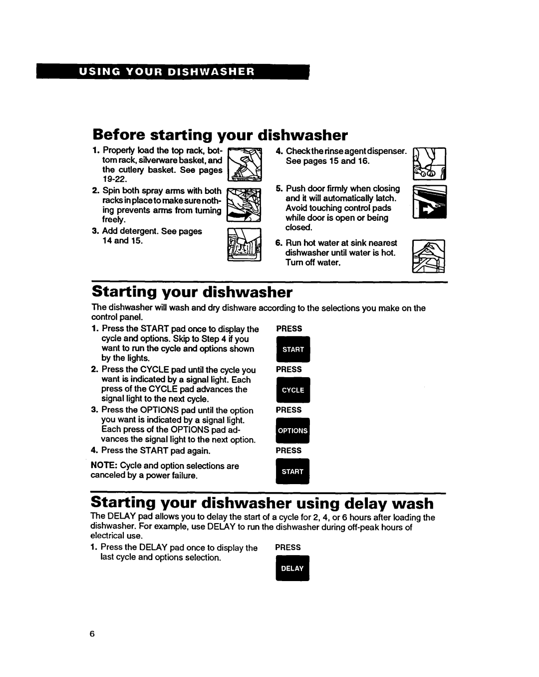 Whirlpool 9400 warranty Before starting your, Dishwasher, Starting your dishwasher using delay wash, Press 