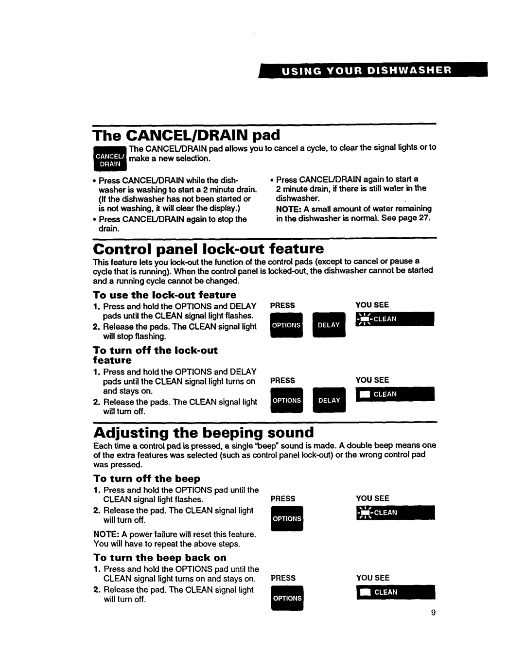 Whirlpool 9400 warranty CANCEL/DRAIN pad, Control panel lock-out feature, Adjusting the beeping sound 