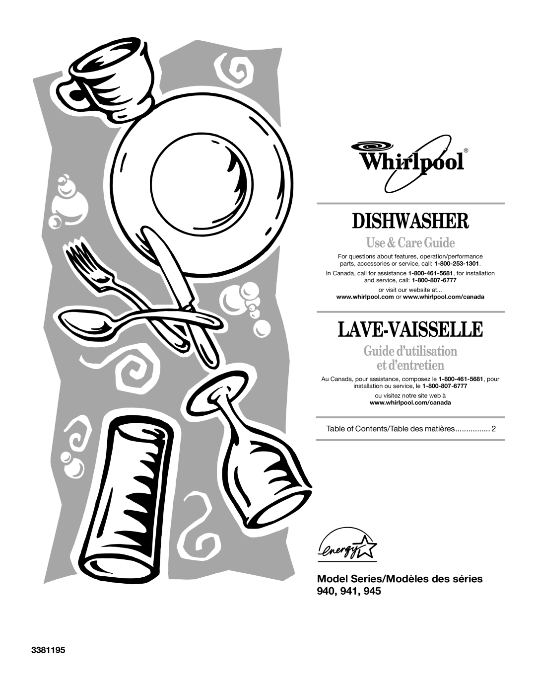 Whirlpool 941, 945 manual Dishwasher, Lave-Vaisselle, Use & Care Guide, Guide d’utilisation et d’entretien, 3381195 