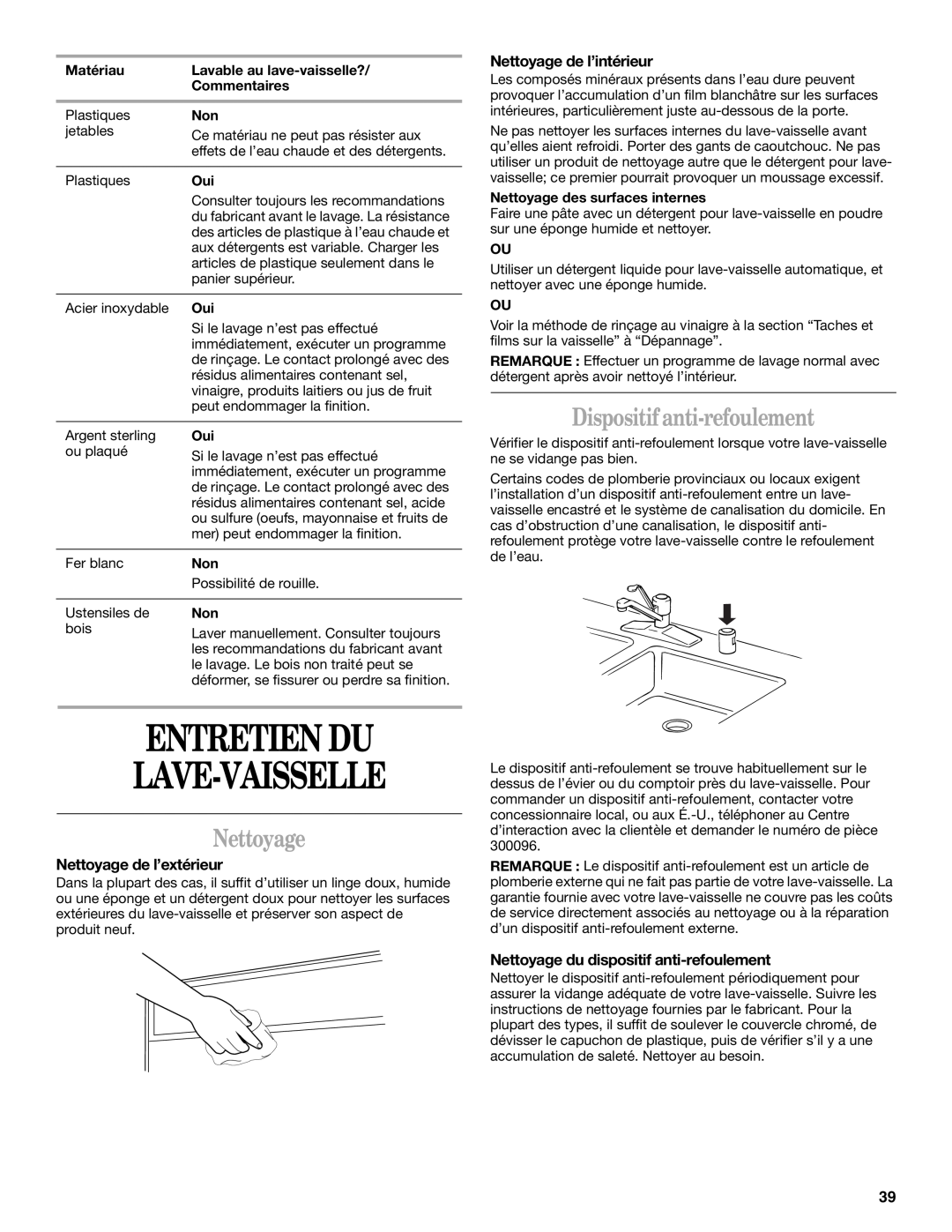 Whirlpool 941, 945 manual Entretien Du Lave-Vaisselle, Dispositif anti-refoulement, Nettoyage de l’extérieur 