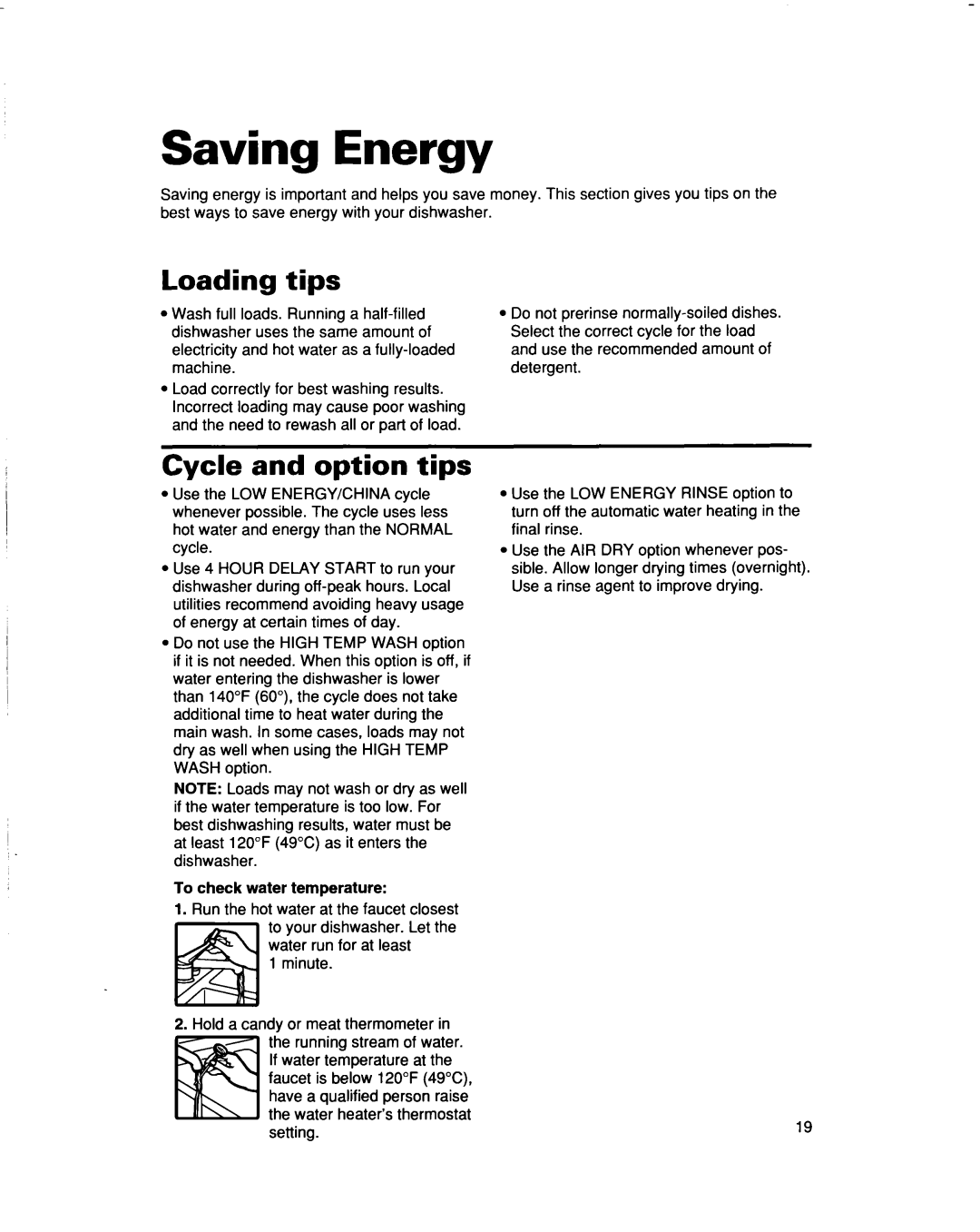 Whirlpool 960 Series warranty Saving Energy, Loading tips, Cycle and option tips, To check water temperature 