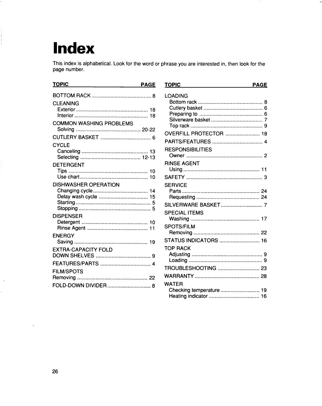 Whirlpool 960 Series warranty Index, Topic 