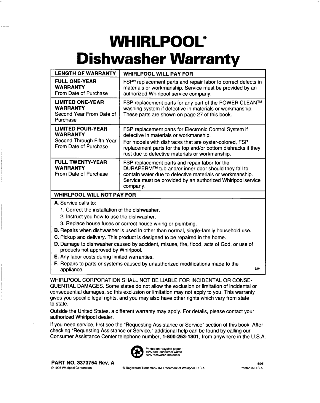 Whirlpool 960 Series warranty Dishwasher Warranty, Length of Warranty Full ONE-YEAR, Whirlpool will PAY for 