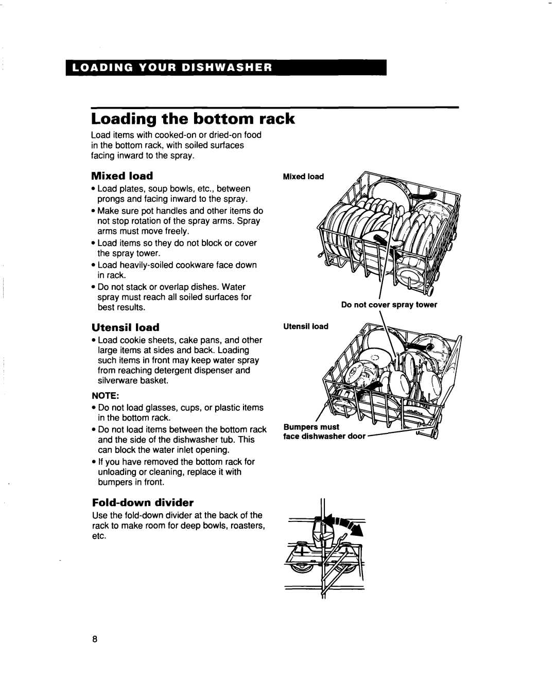 Whirlpool 960 Series warranty Loading the bottom rack, Mixed load, Utensil load, Fold-down divider 