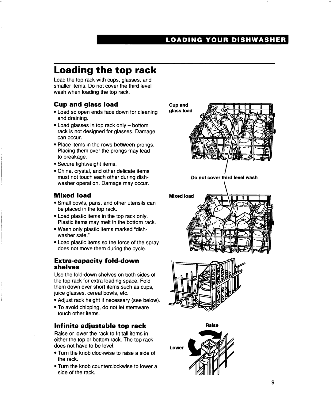 Whirlpool 960 Series warranty Loading the top rack, Cup and glass load, Extra-capacity fold-down shelves 