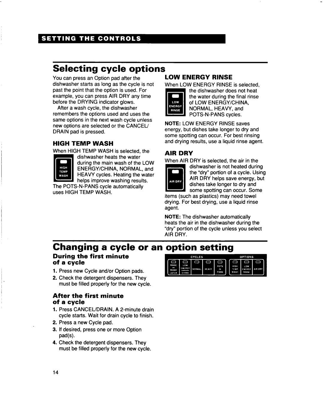 Whirlpool 960 Series Selecting cycle options, Changing a cycle or an option setting, High Temp Wash, Low Energy Rinse 
