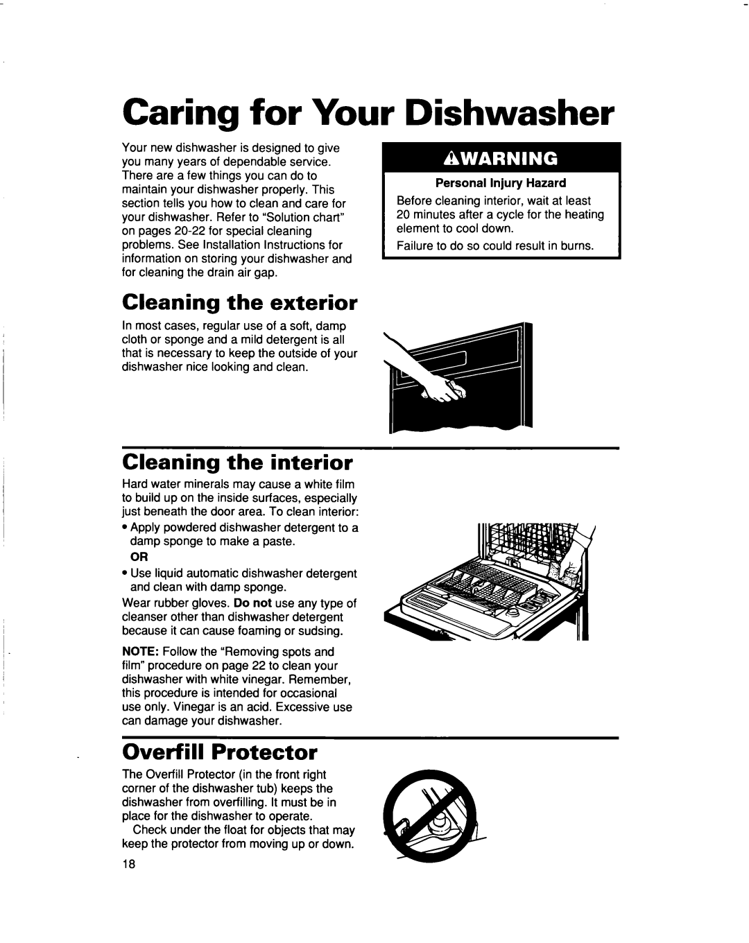 Whirlpool 960 Series warranty Caring for Your, Dishwasher, Cleaning the exterior, Cleaning the interior, Overfill Protector 