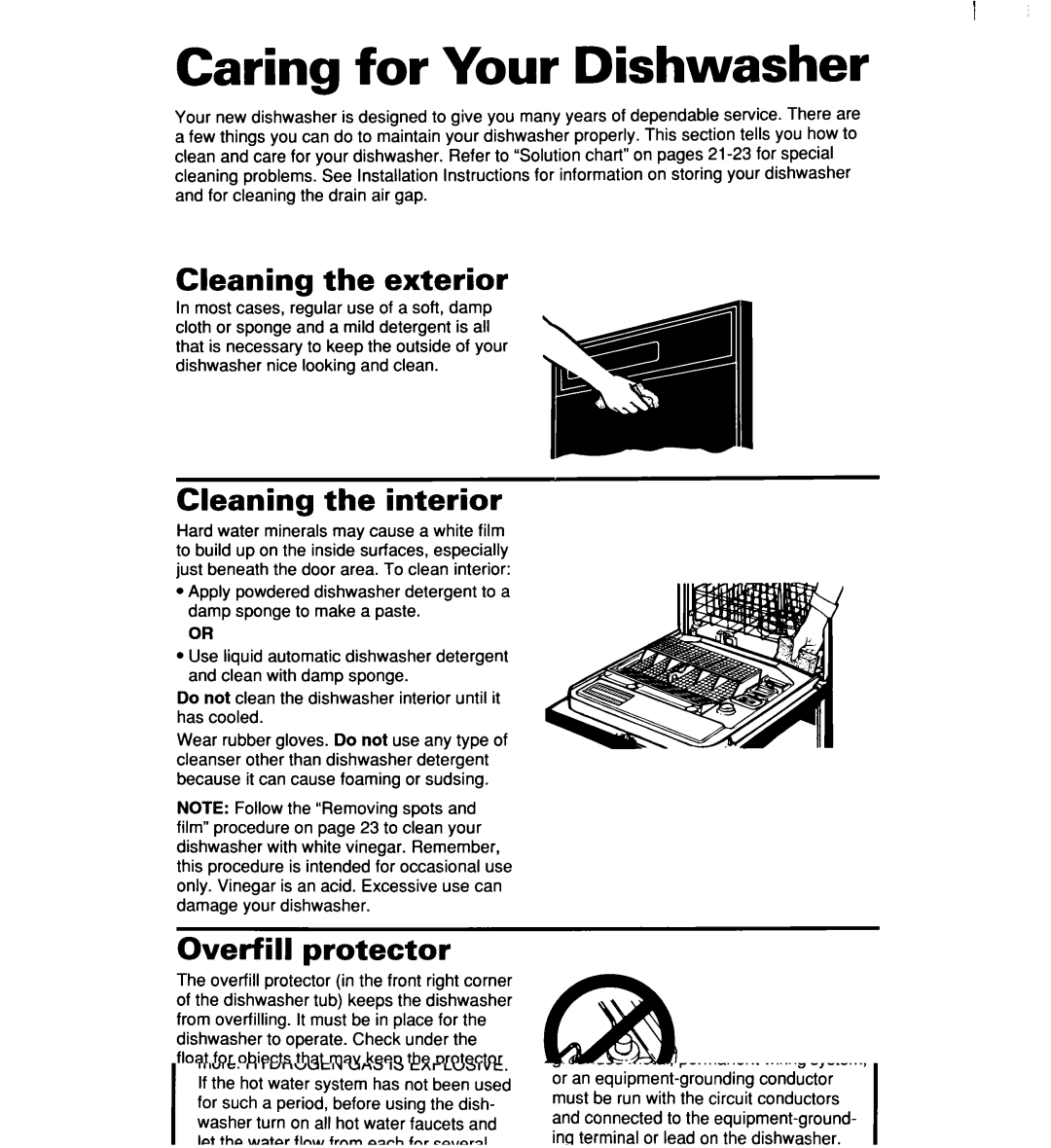 Whirlpool 960 warranty Caring for Your Dishwasher, Cleaning the interior, Overfill protector 