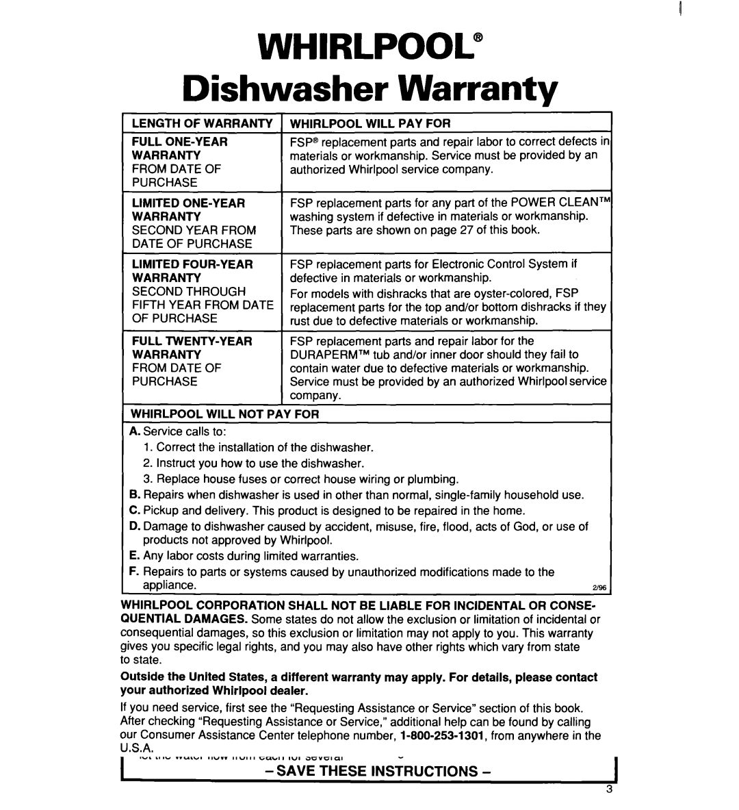 Whirlpool 960 warranty Warranty 