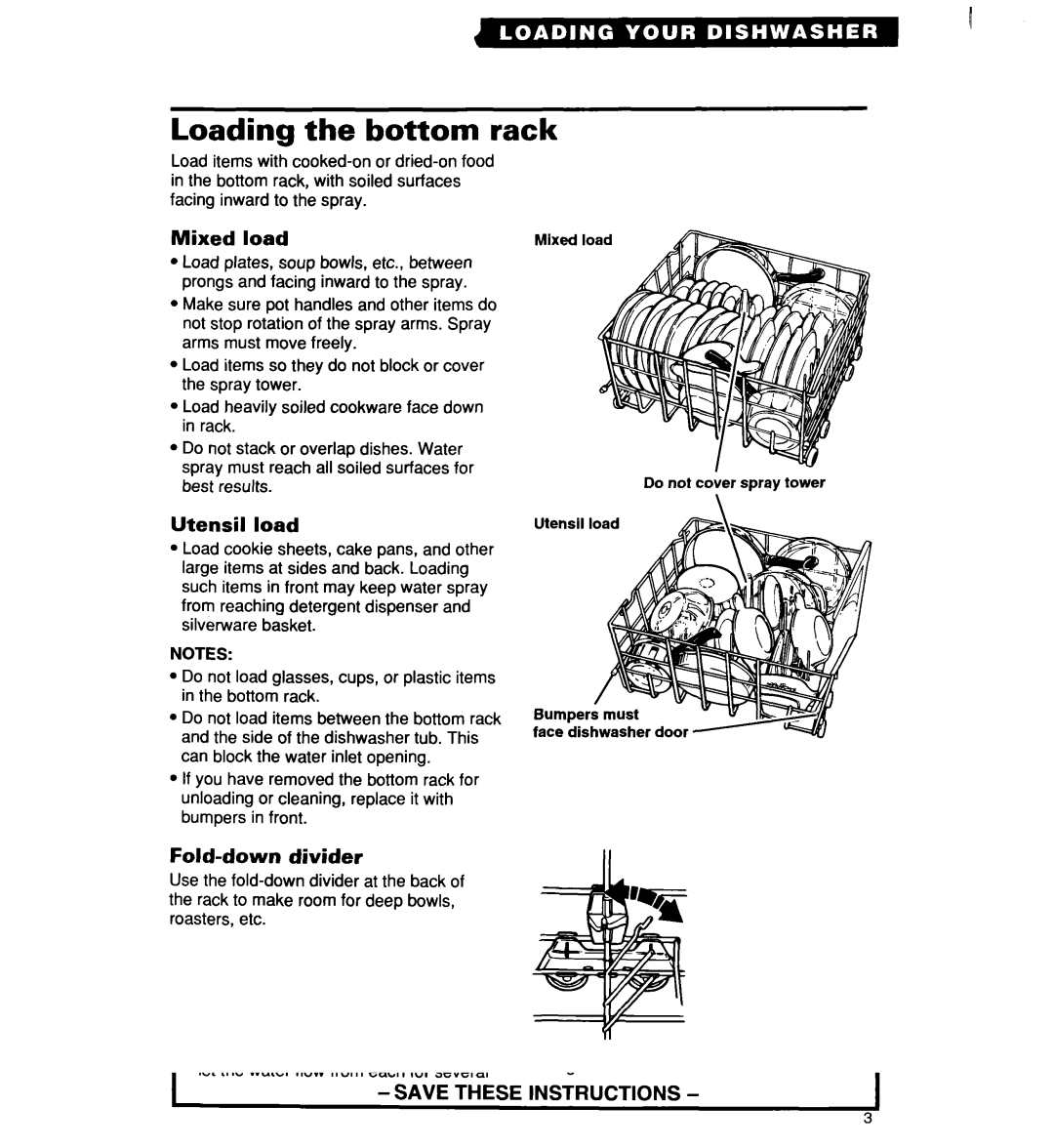 Whirlpool 960 warranty Loading the bottom rack, Mixed load, Utensil load, Fold-down divider 