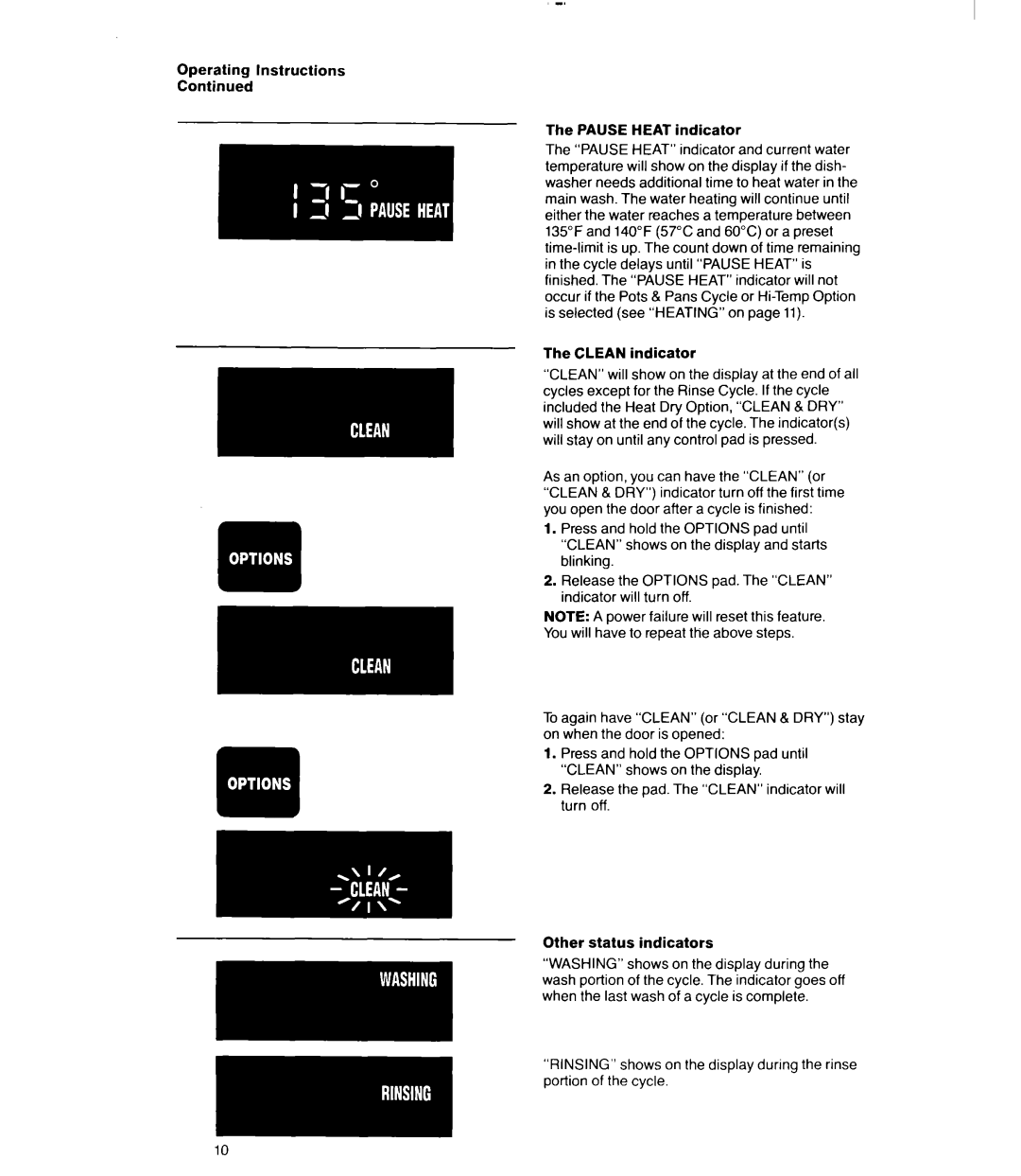 Whirlpool 9700 manual Operating Instructions Pause Heat indicator, Clean indicator 