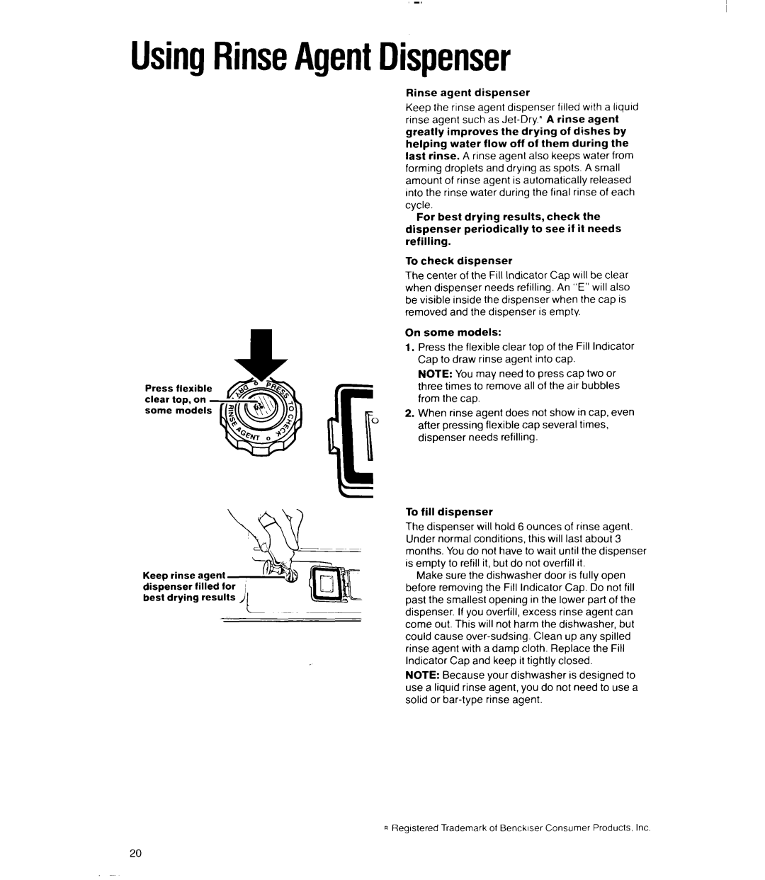 Whirlpool 9700 manual UsingRinseAgentDispenser, RRegistered Trademark of Bencklser Consumer Products, Inc 