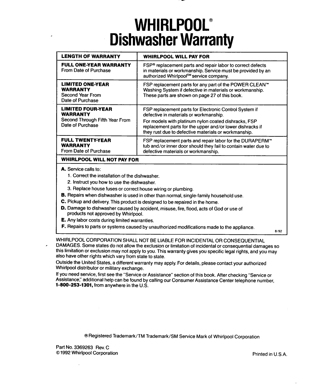 Whirlpool 9700 manual DishwasherWarranty, Full ONE-YEAR Warranty From Dale of Purchase, Second Year From Date of Purchase 