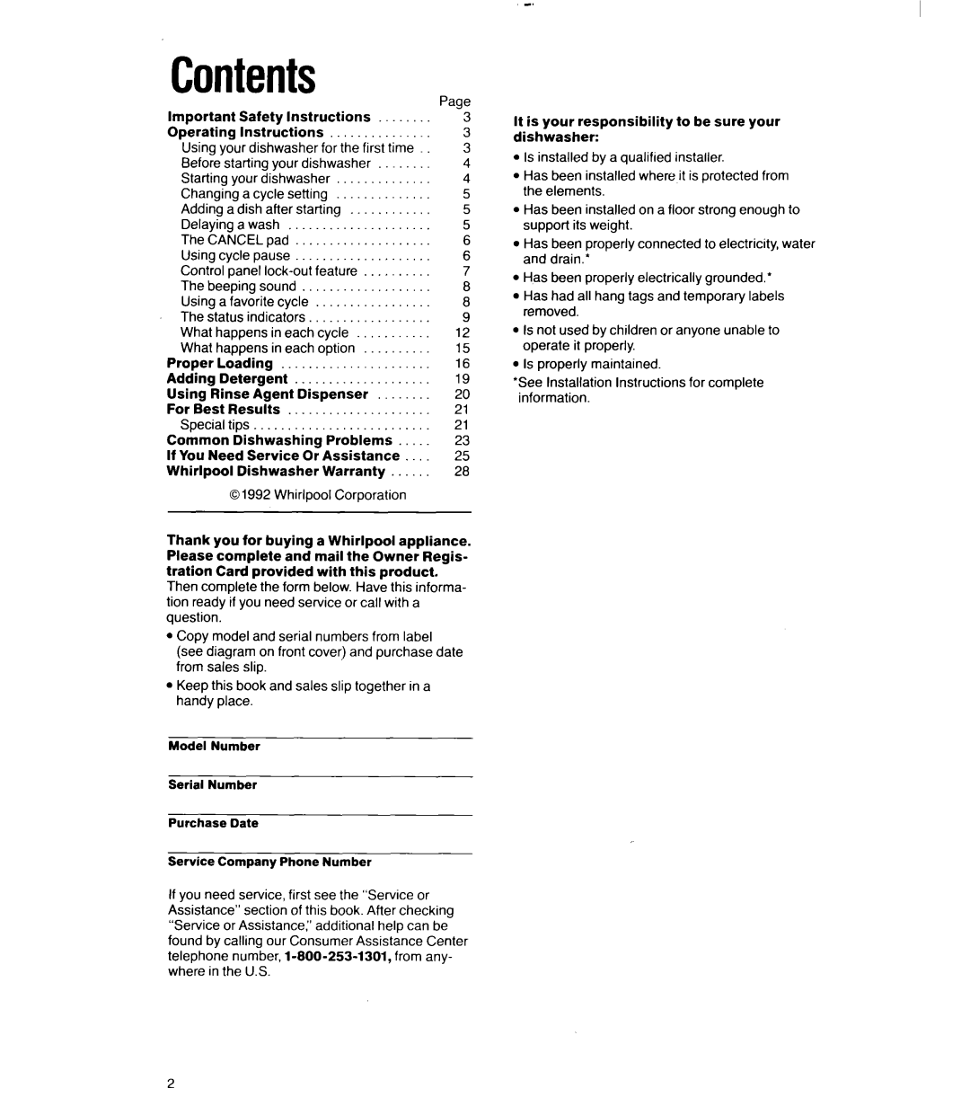 Whirlpool 9700 manual Contents 