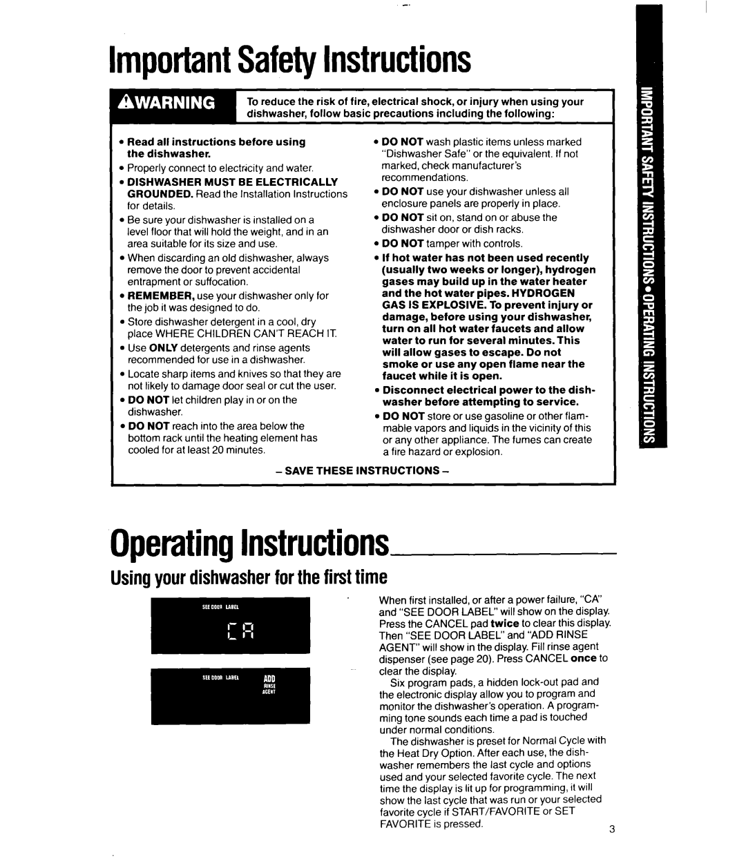 Whirlpool 9700 manual ImportantSafetyInstructions, OperatingInstructions, Usingyourdishwasherforthefirsttime 