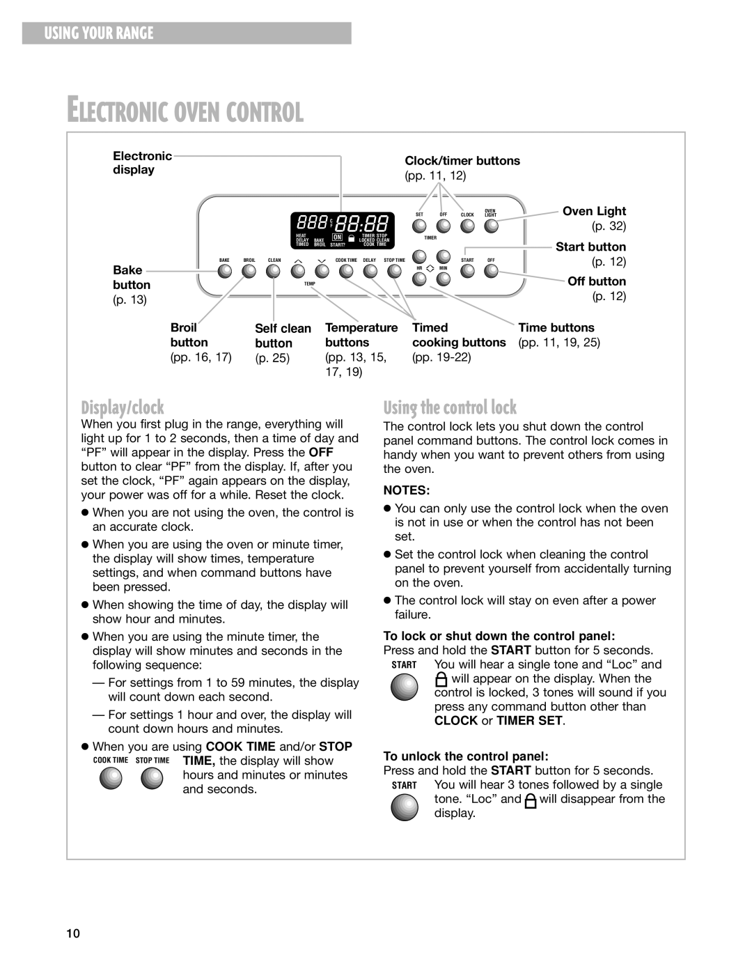 Whirlpool 9753051 Electronic Oven Control, Display/clock, Using the control lock, To lock or shut down the control panel 