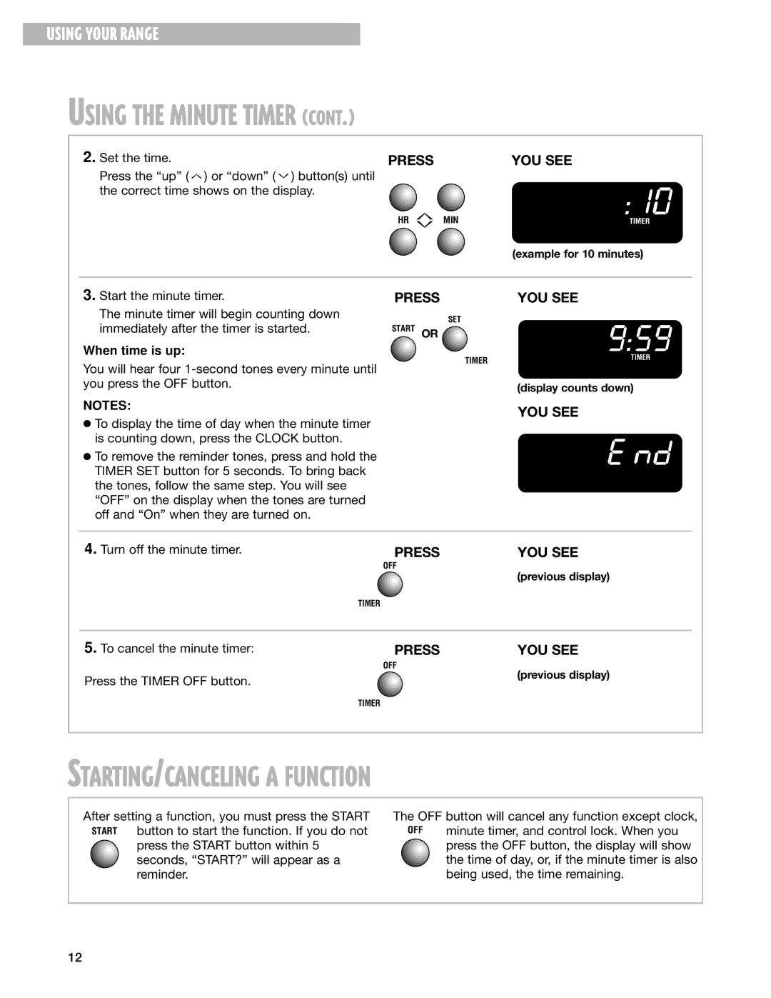 Whirlpool 9753051 manual STARTING/CANCELING a Function, When time is up 