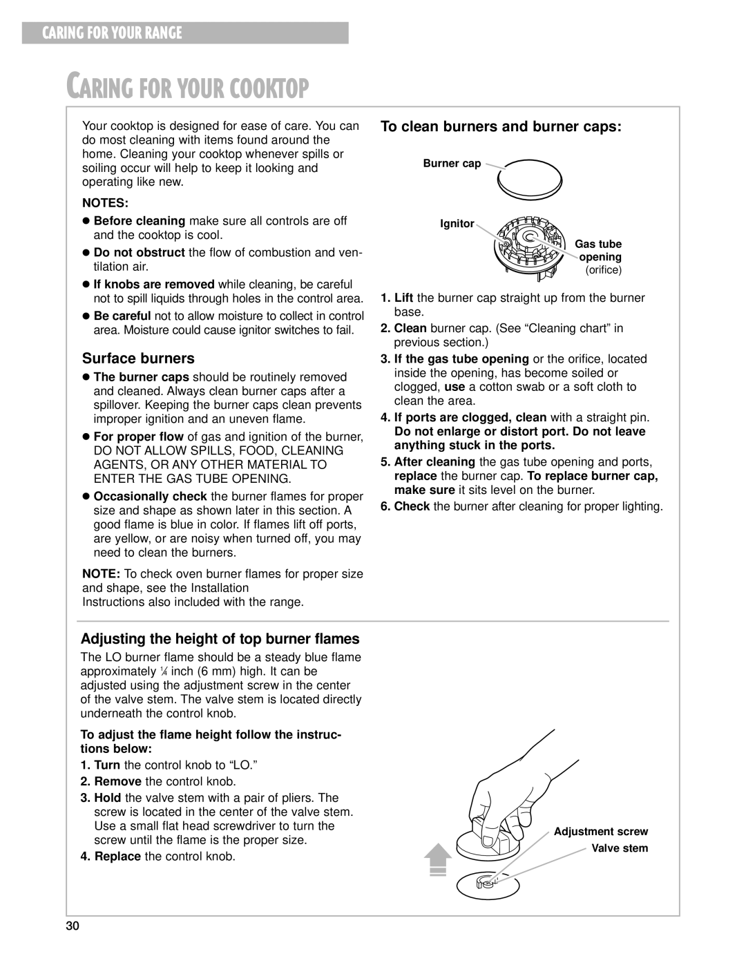 Whirlpool 9753051 manual Caring for Your Cooktop, To adjust the flame height follow the instruc- tions below 