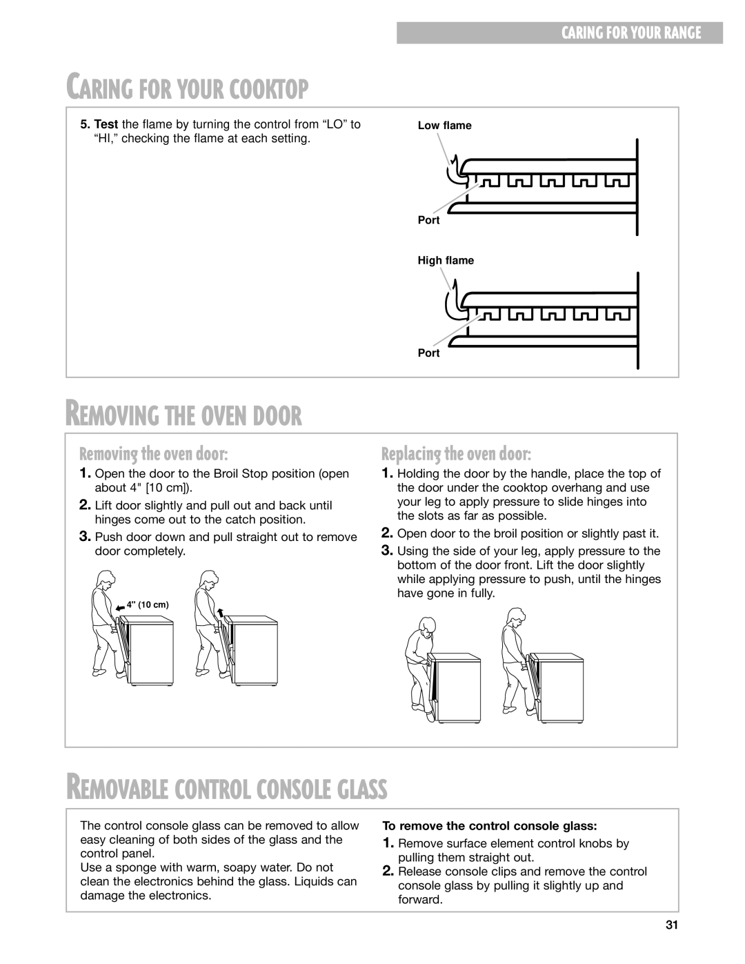 Whirlpool 9753051 manual Removing the Oven Door, Removing the oven door, Replacing the oven door 