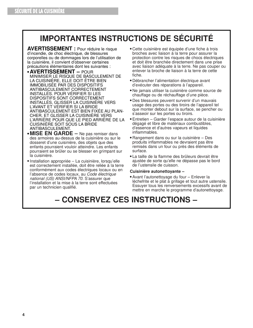 Whirlpool 9753051 manual Importantes Instructions DE Sécurité, Cuisinière autonettoyante 