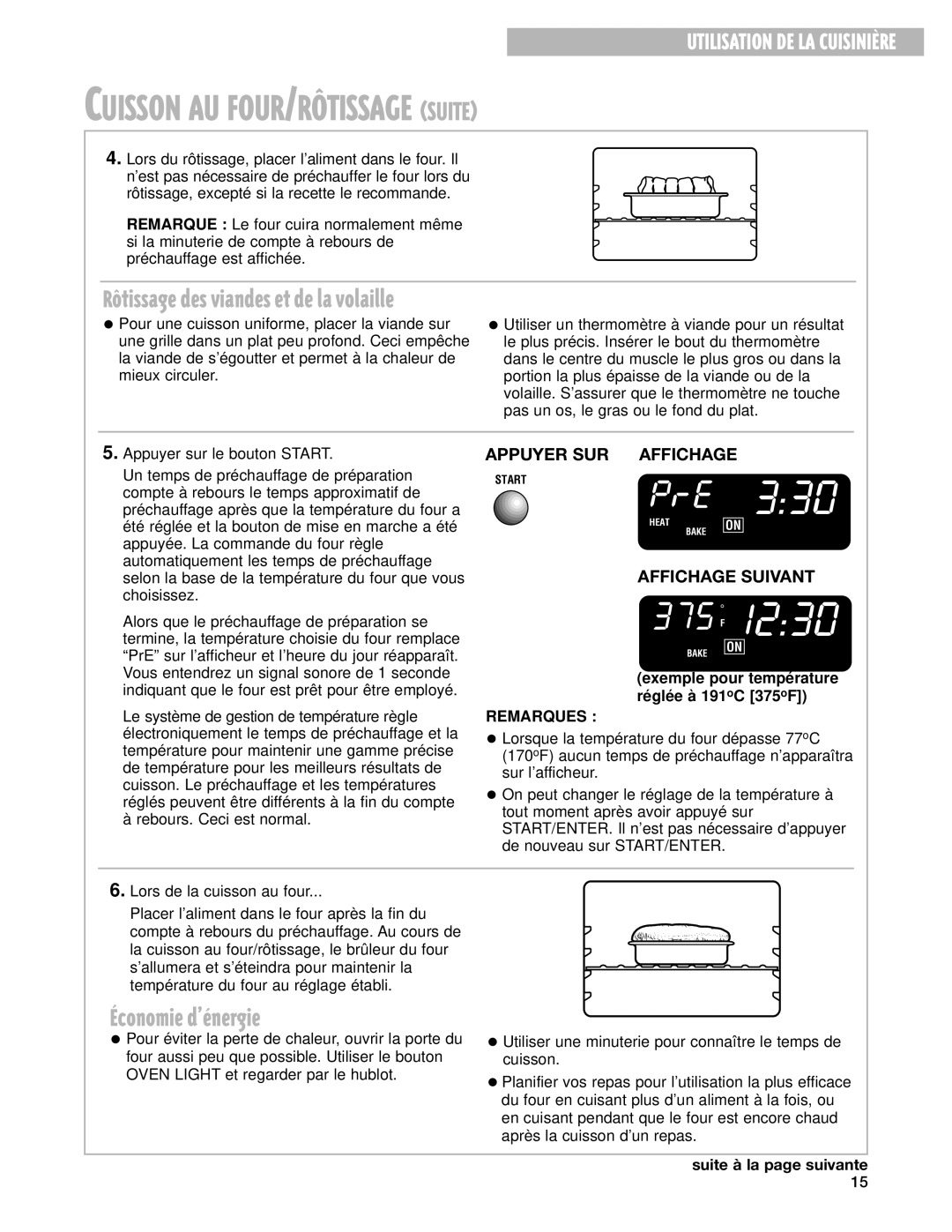 Whirlpool 9753051 Cuisson AU FOUR/RïTISSAGE Suite, Ƒconomie dÕŽnergie, Exemple pour température réglée à 191 oC 375oF 