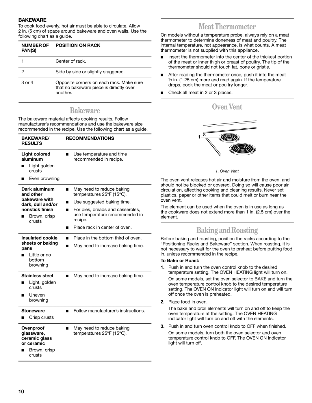 Whirlpool 9753313B manual MeatThermometer, Bakeware, OvenVent, BakingandRoasting 