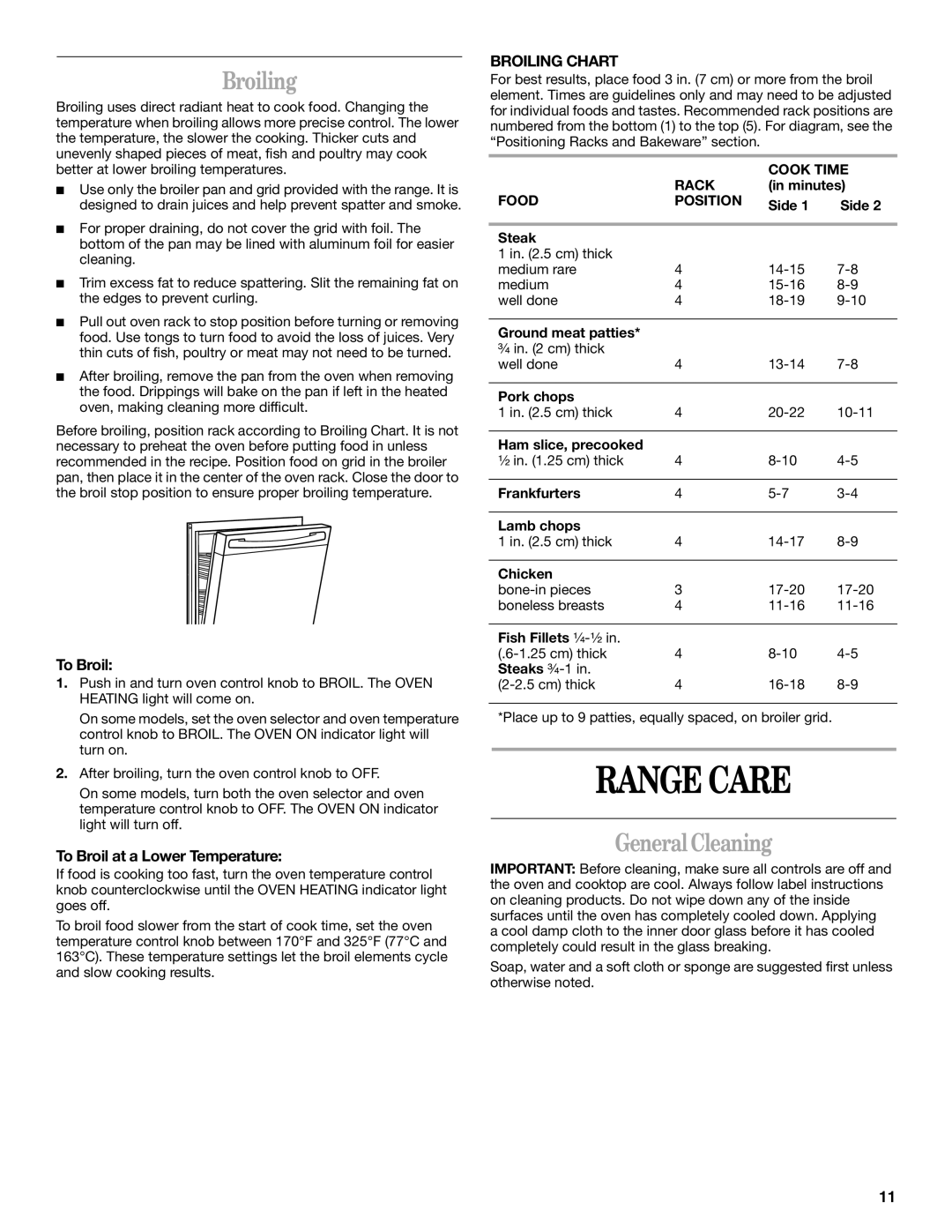 Whirlpool 9753313B manual Range Care, GeneralCleaning, Broiling Chart 