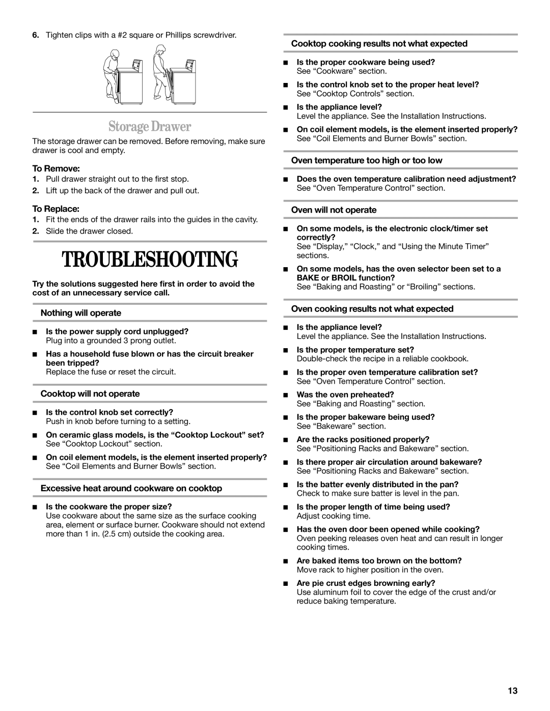 Whirlpool 9753313B manual Troubleshooting, Storage Drawer 