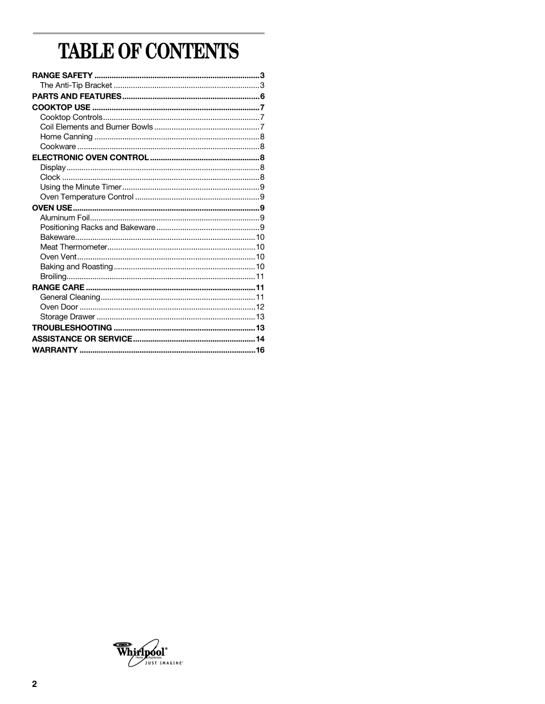 Whirlpool 9753313B manual Table of Contents 