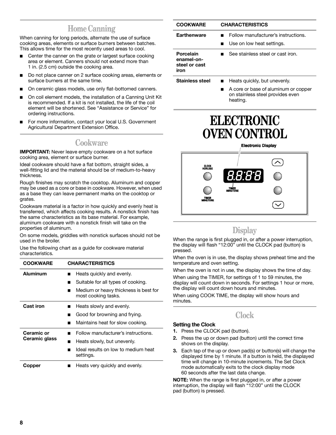 Whirlpool 9753313B manual Electronic Oven Control, Home Canning, Cookware, Display, Clock 